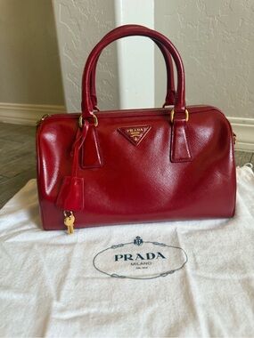 Prada Red Saffiano Dome Satchel with Gold Hardware